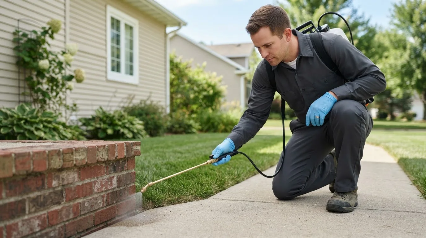 Pest control technician treating a home near Atkins, VA